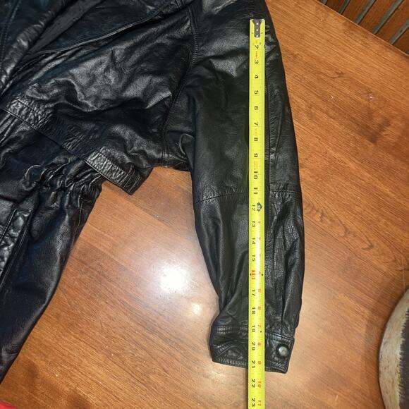 90s Wilson Black Leather Coat Belted Leather Drawstring Jacket with Hood Large - Picture 6 of 6